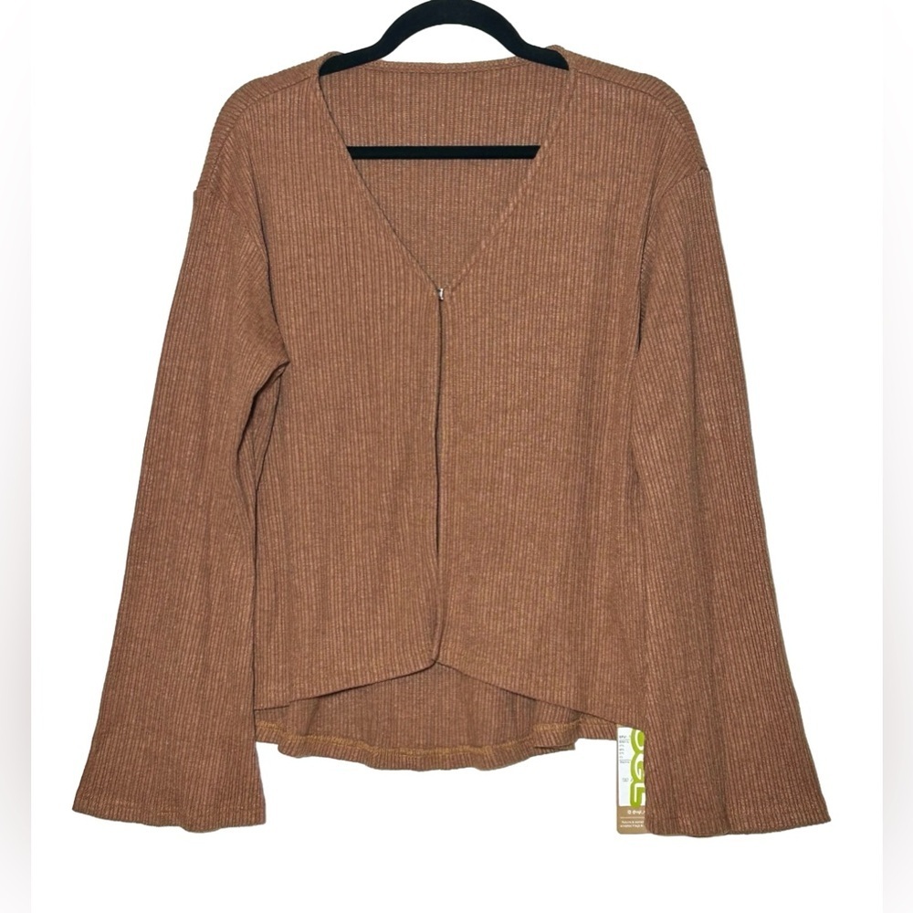 NWT OGL Brown V Neck Flare Long Sleeve Cardigan with Front Hook Closure, Large - Picture 3 of 13